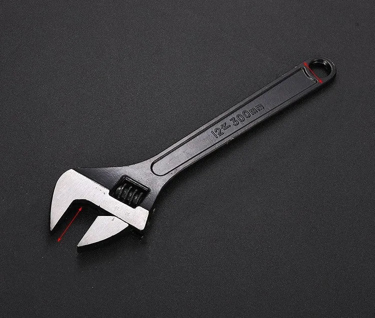 15-inch stainless steel adjustable open-end wrench with a blackened head and ergonomic handle.