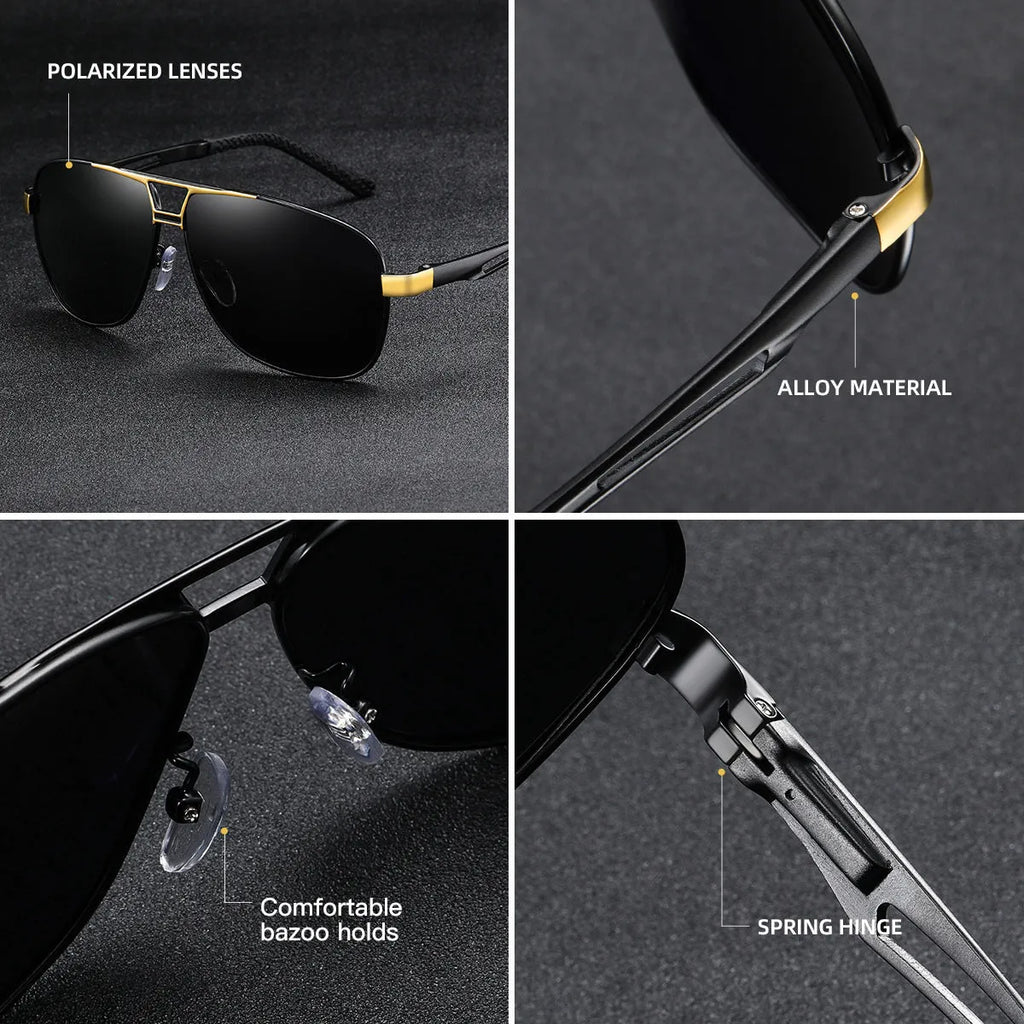 Men's orange red aviator sunglasses with metal frame and polarised lenses on a dark background.