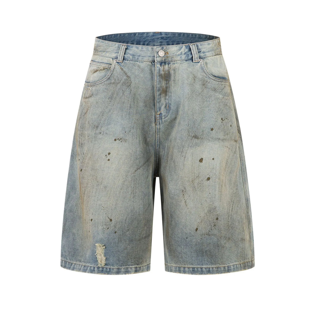 Men's blue washed cotton denim trousers with cropped length and straight-leg streetwear style