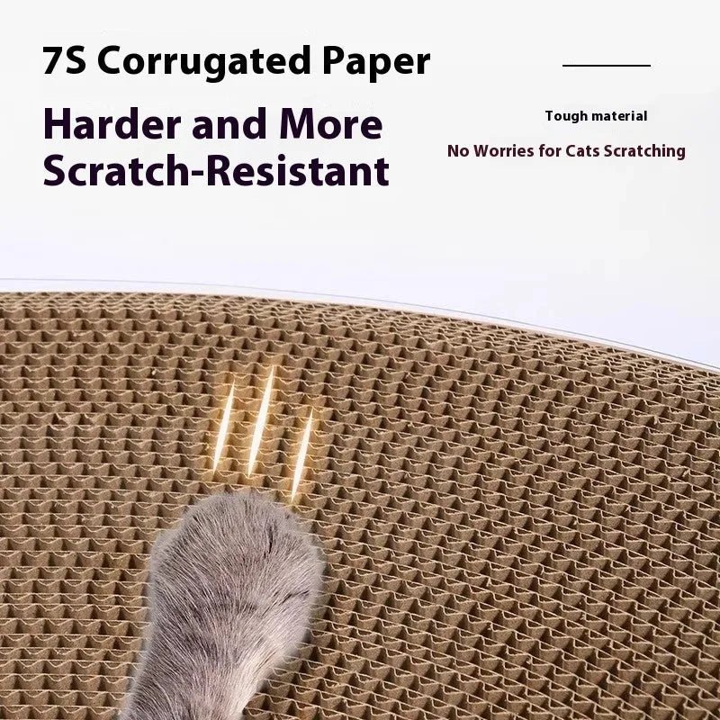 White transparent PVC tunnel cat nest attached to a large corrugated cardboard scratch board