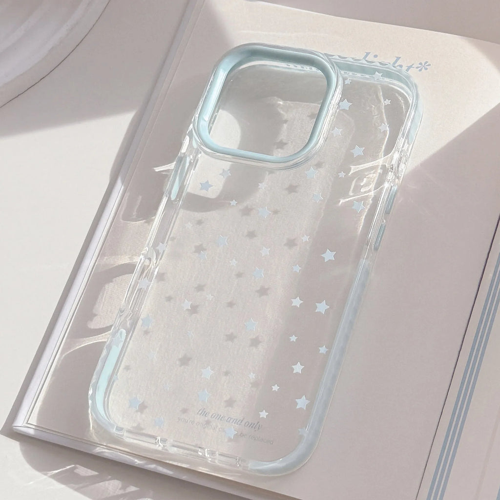 Transparent TPU phone case with blue edge and blue star dots for Apple iPhone