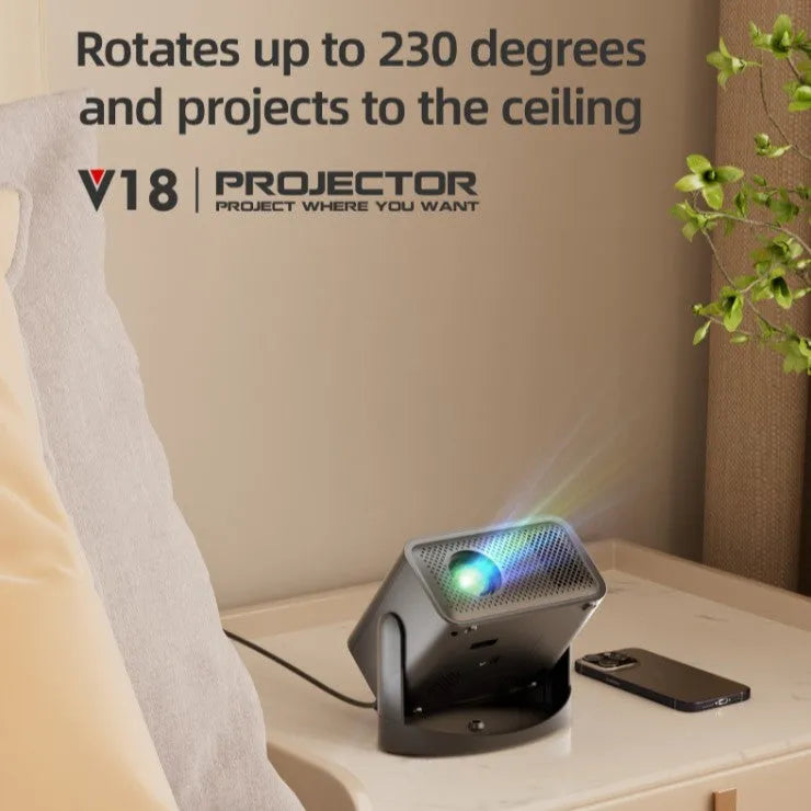 V18 wireless projector in black with 720p resolution and multiple plug options