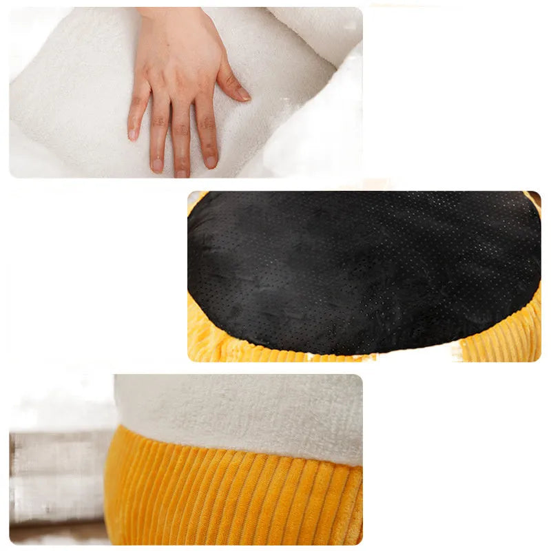 Washable circular cat sofa bed in yellow with plush fabric and non-slip base for calming sleep
