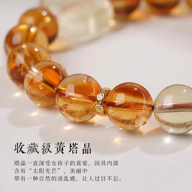 Women's carved citrine ethnic bracelet with 10mm geometric crystal stones in gold-toned setting