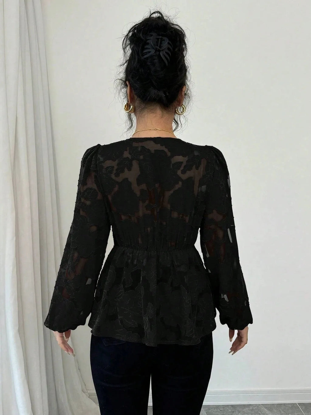 Semi-transparent hollow-out polyester long-sleeved V-neck women's shirt in black with embroidery details