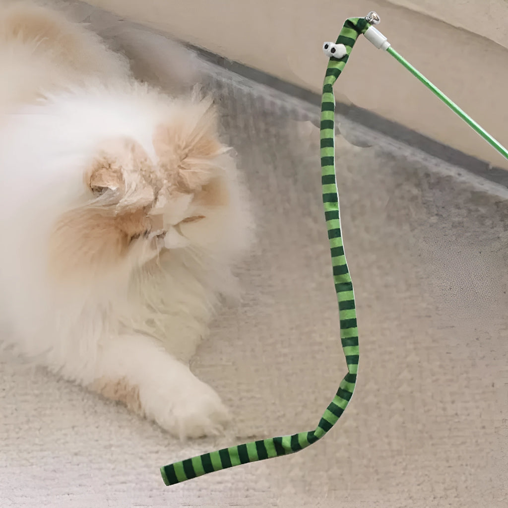 Cat wand teaser toy with long plush strip on a polycarbonate pole, shown in vibrant colours.