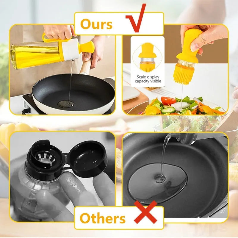 Transparent glass oil dispenser with silicone brush, stainless steel nozzle, in yellow, green, or brown.