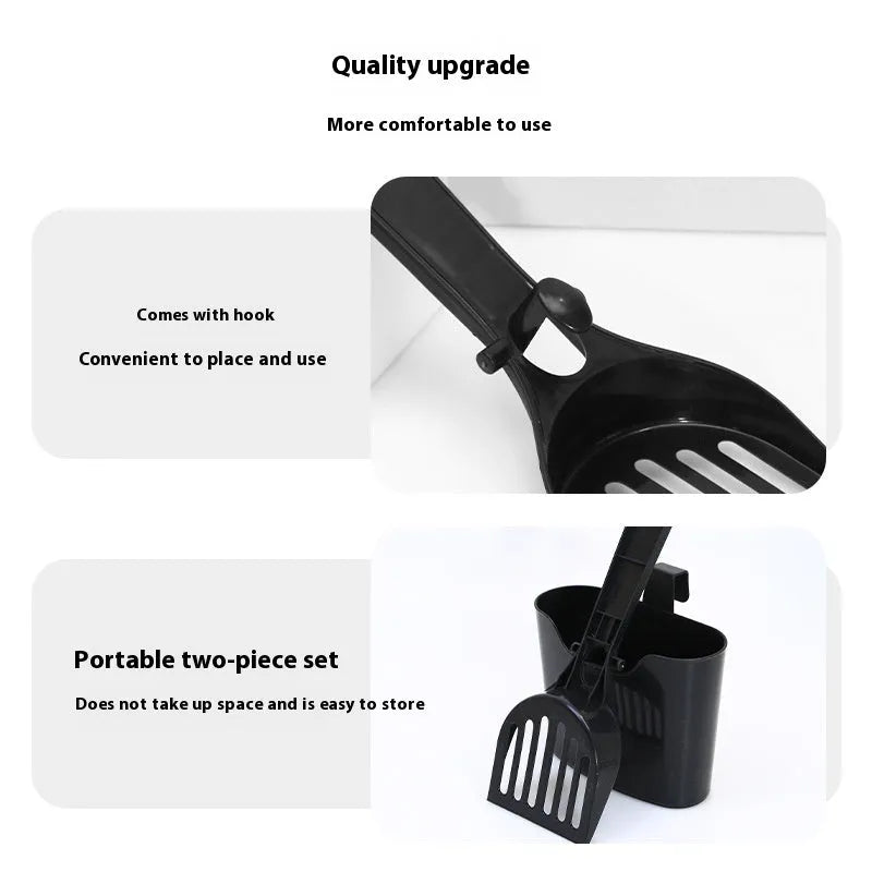 Black mesh cat litter scoop with lengthened handle and storage box, 28x10x3cm, plastic