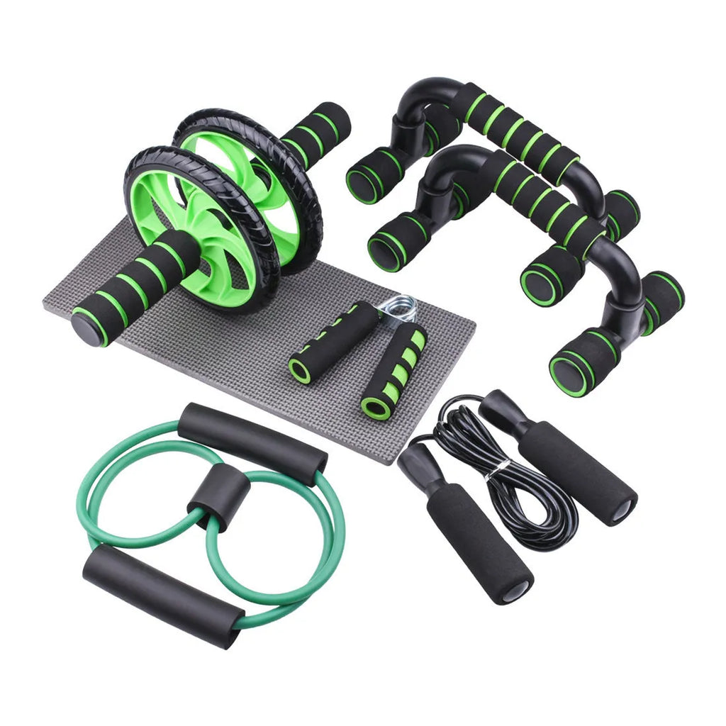 Set of seven abdominal wheels for fitness, in a choice of red, green, black, or blue colours.