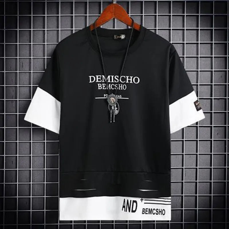 Men's loose fit hip hop polyester printed short sleeve t-shirt with graffiti design in black and white