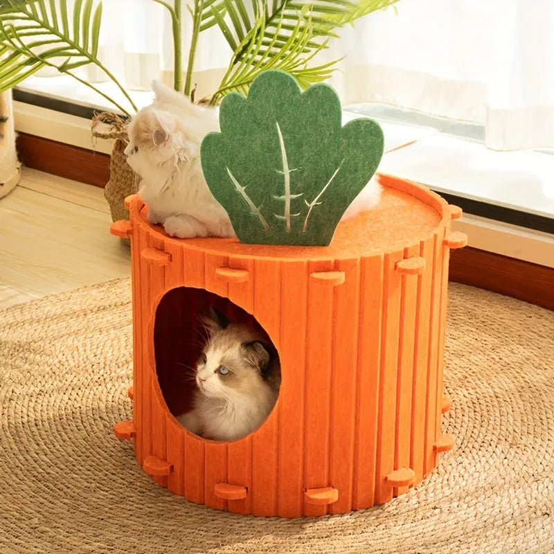 Soft felt cat tunnel bed in semi-enclosed design showing interior space