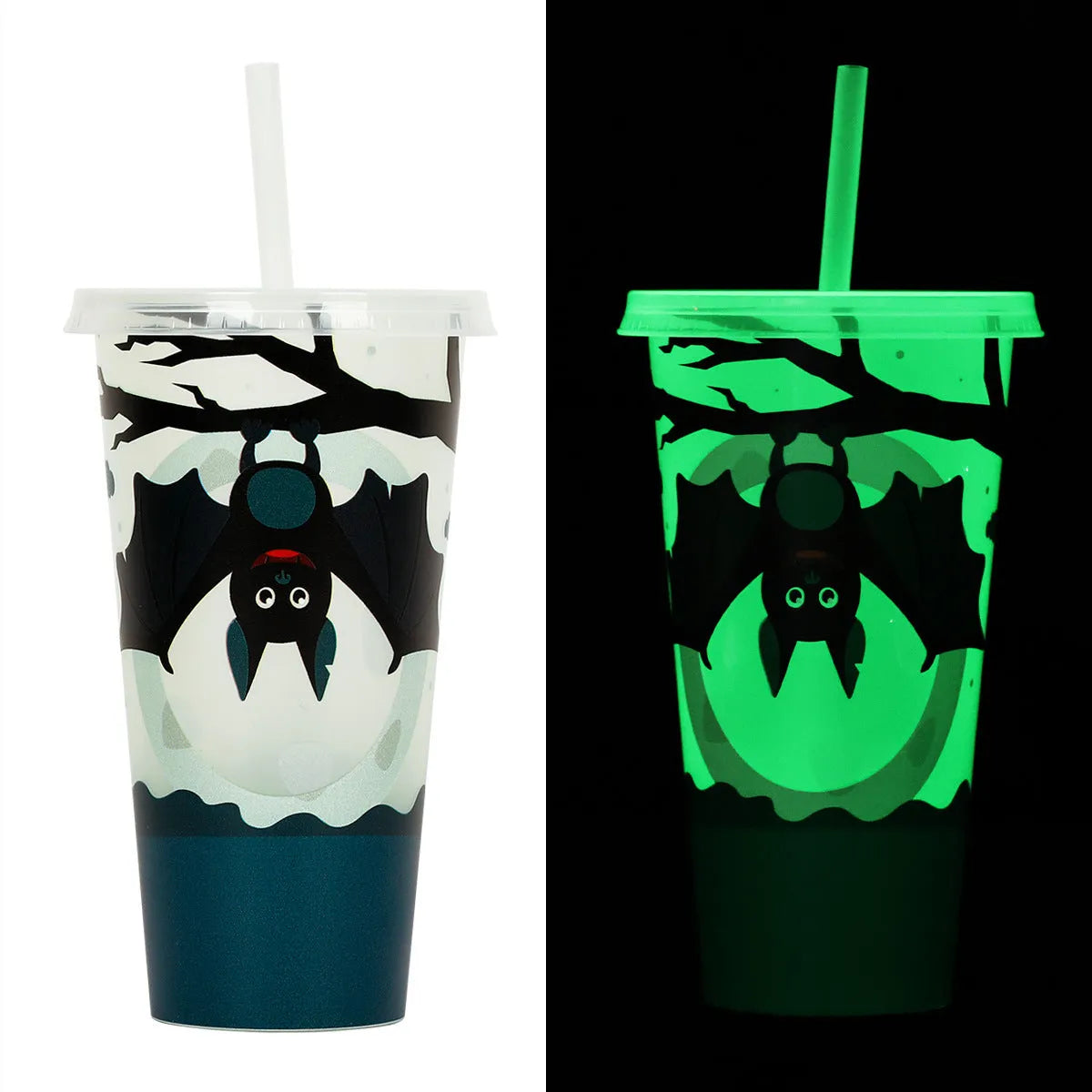 720ml plastic Halloween luminous straw cup in one of six colours, showing cylindrical shape and dimensions.