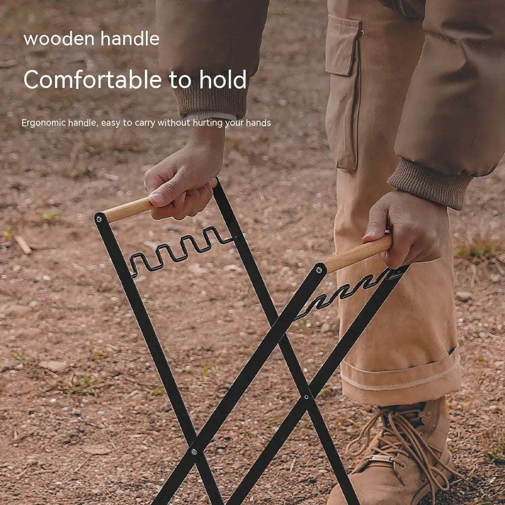 Outdoor iron folding trash rack with wooden handle holding rubbish sack