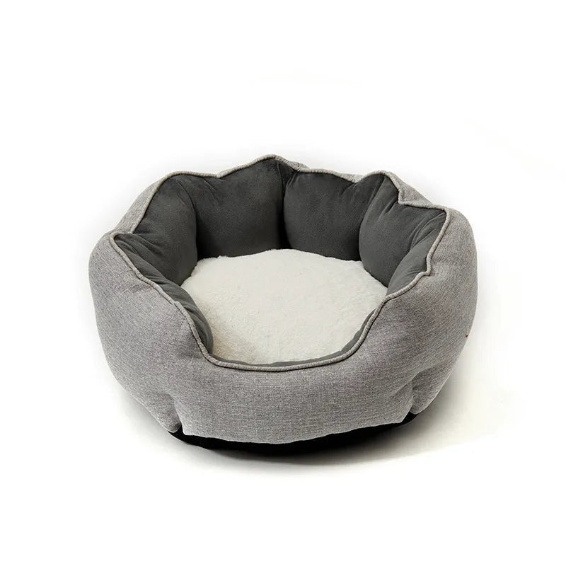 Octagonal pet bed with removable mats in blue colour with soft wool point design
