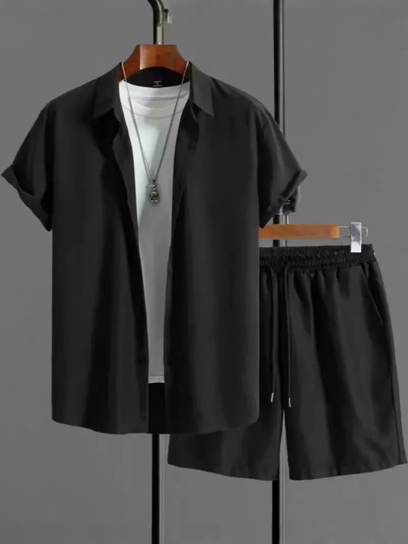 Short sleeve jacquard suit set with shorts in solid colour on a hanger