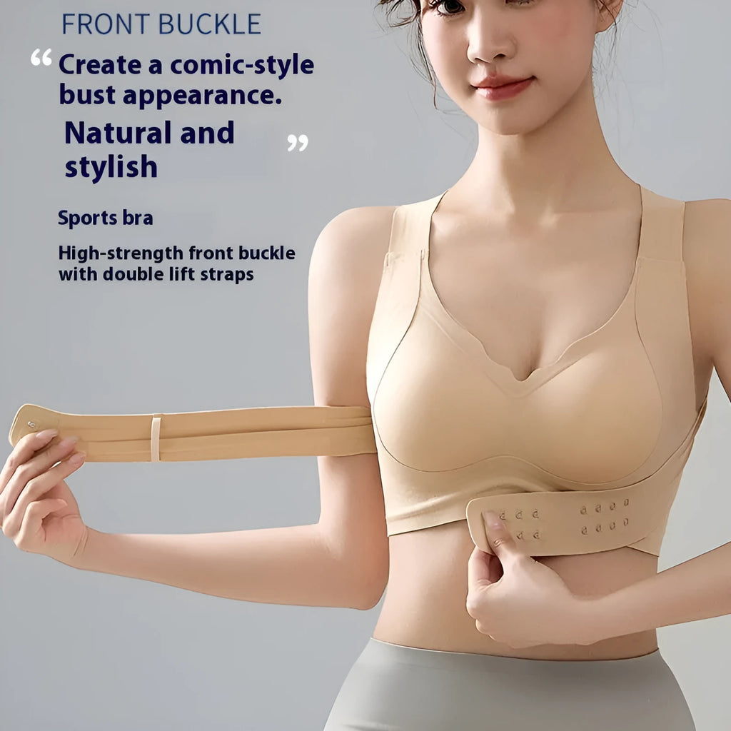 Front buckle closure sports bra for women in black, white and nude colours with back shaping design.