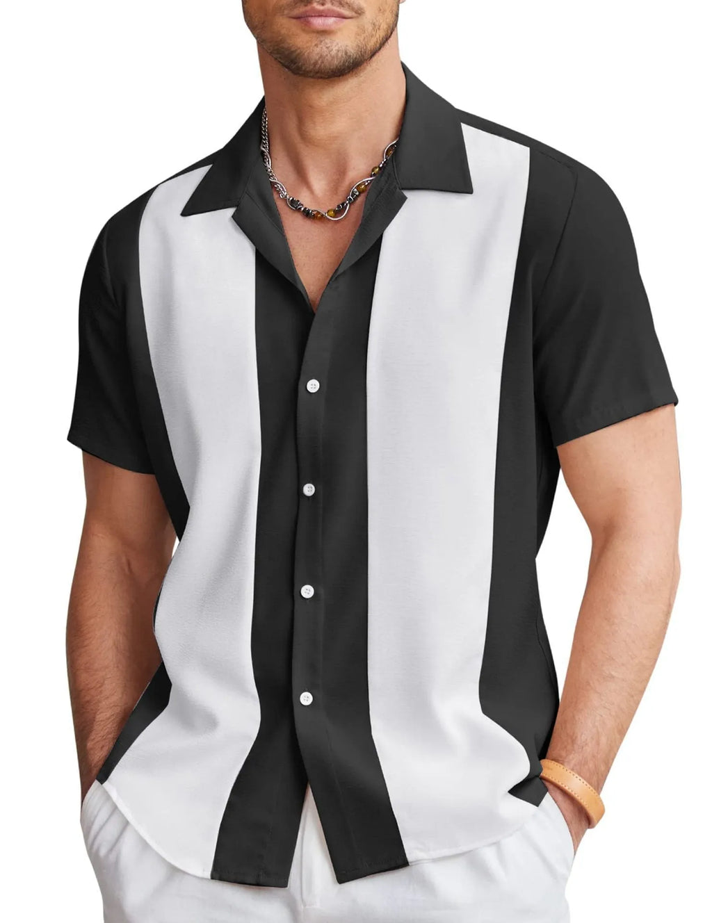Men's slim fit short sleeve Hawaiian shirt with digital print pattern in elastic fabric.