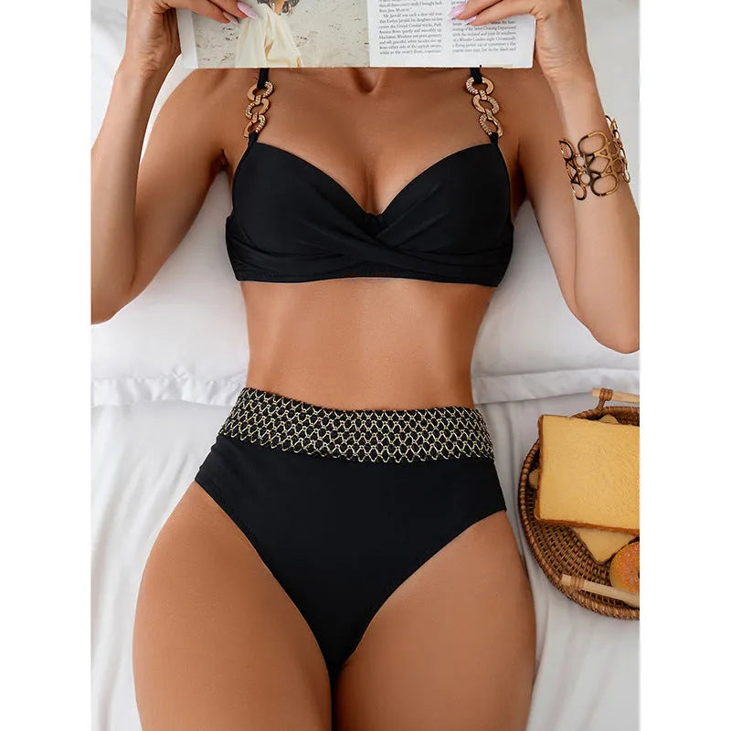 Black polyester bikini swimsuit with sleeveless top and briefs in European American style