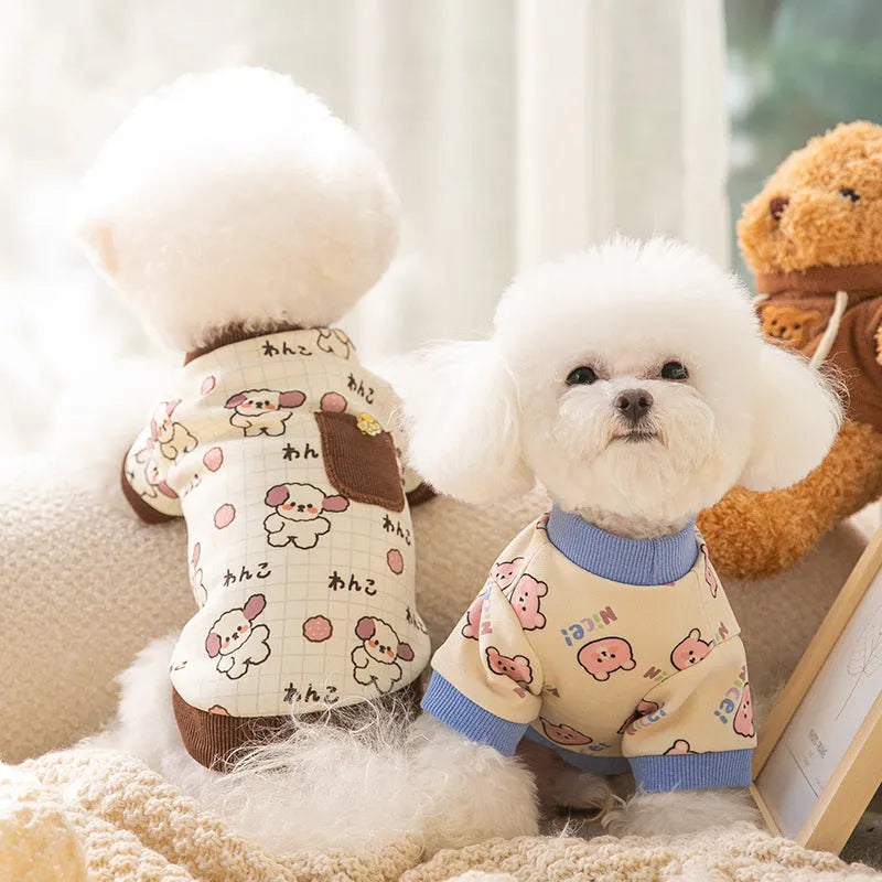 Warm velvet two-legged pet clothing with pockets, blue and brown, for small dogs and cats