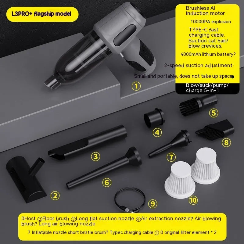 Handheld car vacuum cleaner with nozzle attachments in black, white, or grey colours