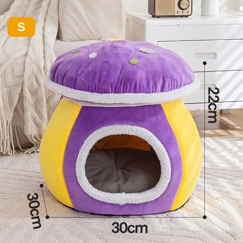 Grey mushroom-shaped plush cat bed with a detachable blanket inside, showing enclosed design.