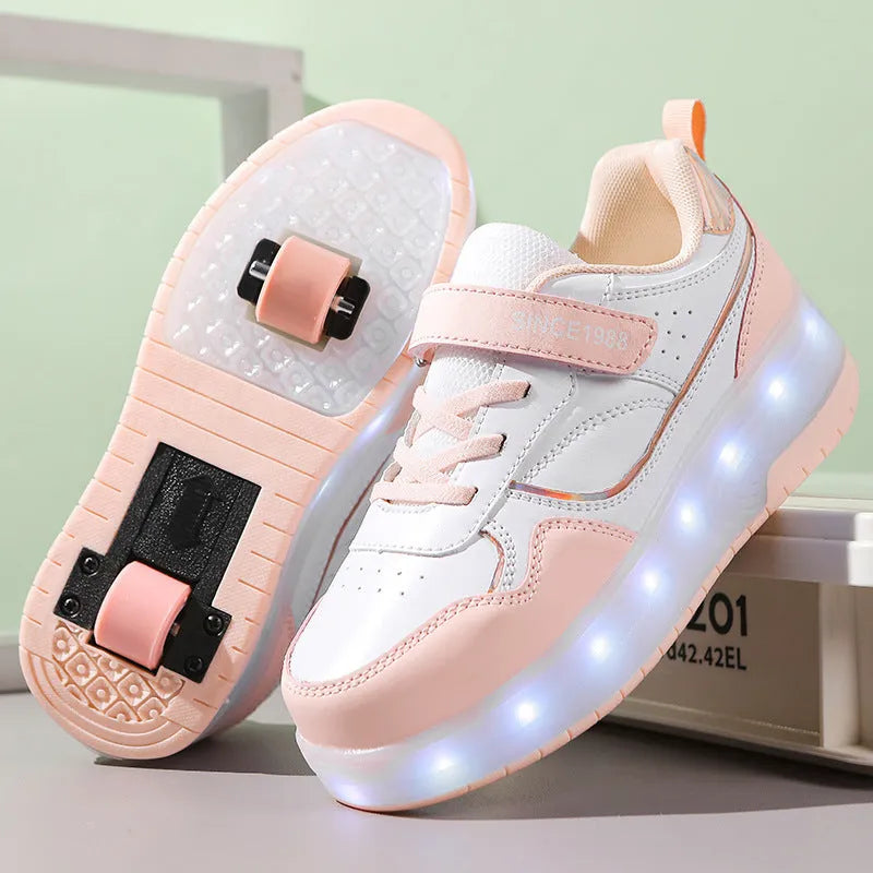 Children's rechargeable flashing roller skates with LED lights in pink, showing UK size markings