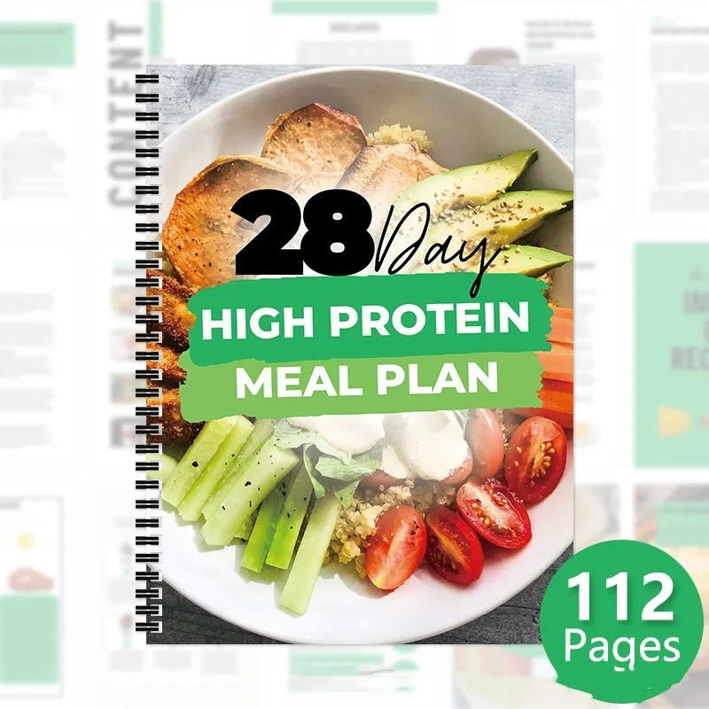28-day high-protein diet plan book with paper pages, 21cm by 28.5cm, cover labelled 28Day Dietary Plan