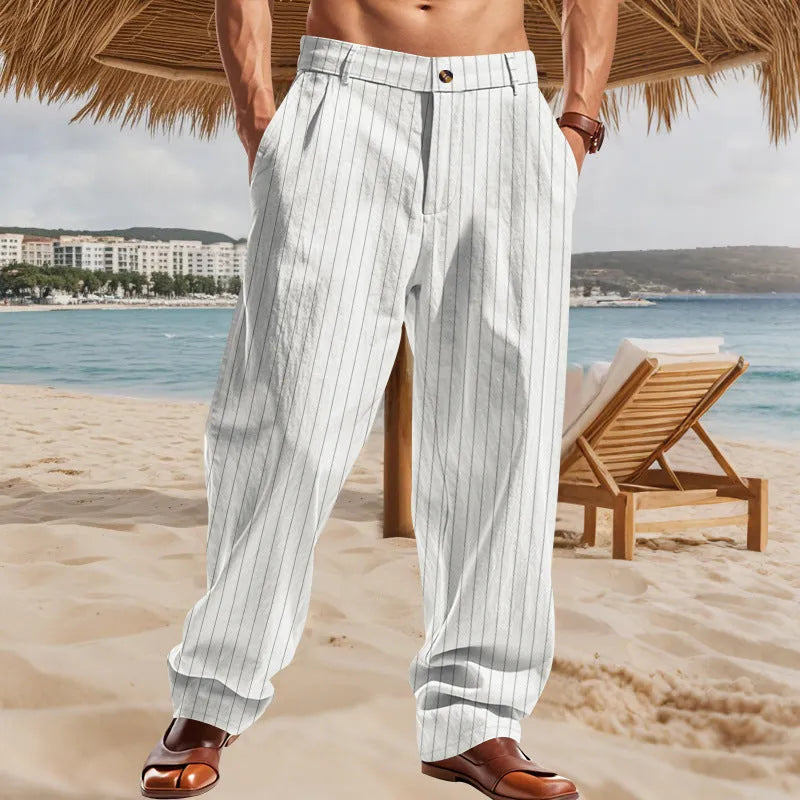 Men's linen striped trousers with straight loose fit, wide legs, and high waist in light blue colour