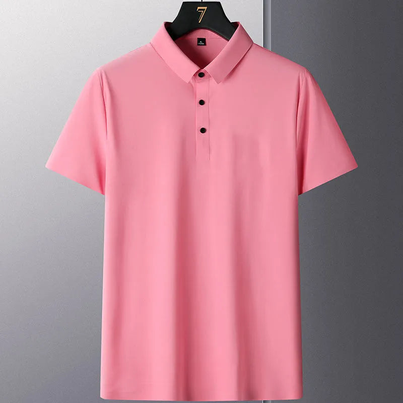Non-ironing solid colour men's short sleeve business casual shirt on a hanger.