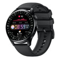 Smart sports watch ring with 1.32-inch screen on a silicone wristband, shown in black leather and steel casing options.