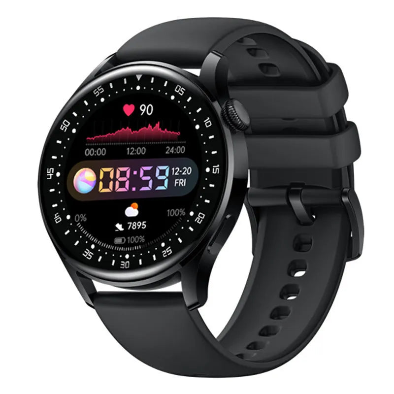 Smart sports watch ring with 1.32-inch screen on a silicone wristband, shown in black leather and steel casing options.