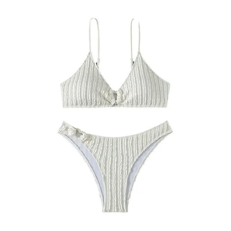 White women's V-neck sleeveless split swimsuit with top and shorts for swimming