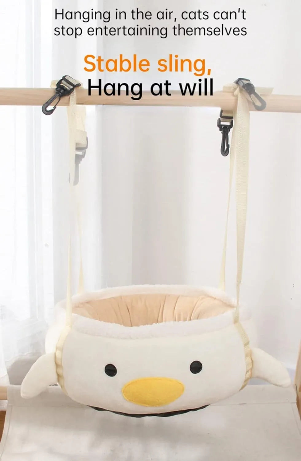 Green or yellow chick or dinosaur shaped cat bed that can be a flat sofa or a hanging hammock for small pets.