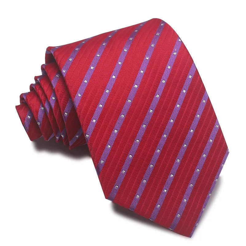 A man's striped formal tie in an arrow style, showing the jacquard texture and width of 7-8 cm.