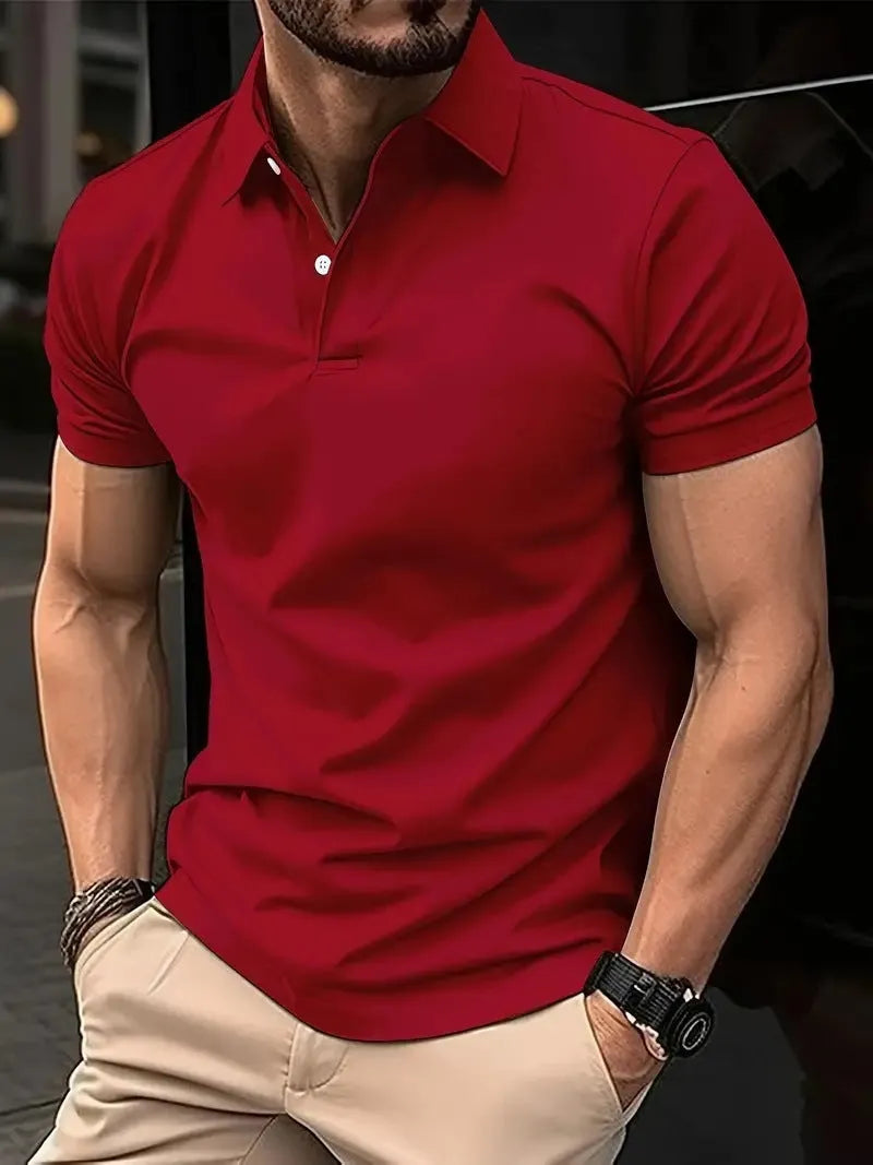 Men's slim fit solid colour short sleeve button-up shirt on a hanger.