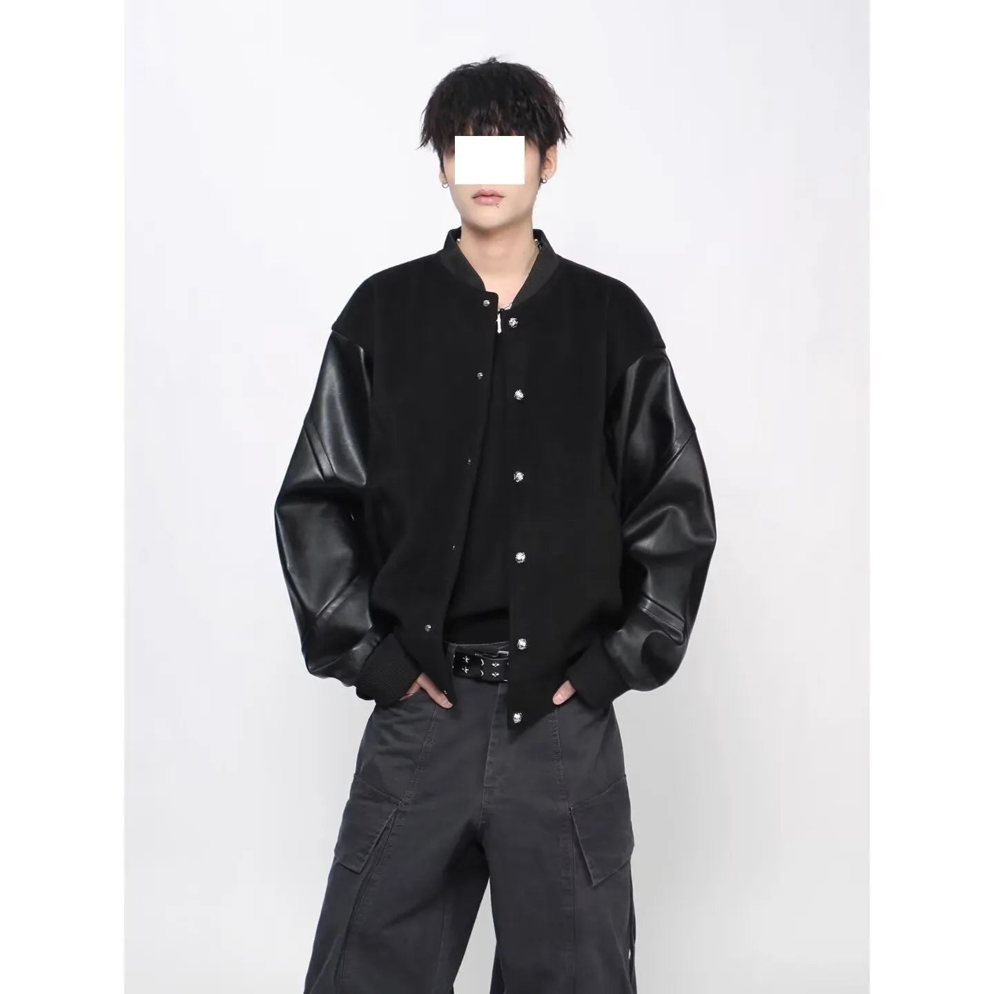 New Simple Harajuku Trendy Lazy Leather Coat in black with loose fit and side pockets