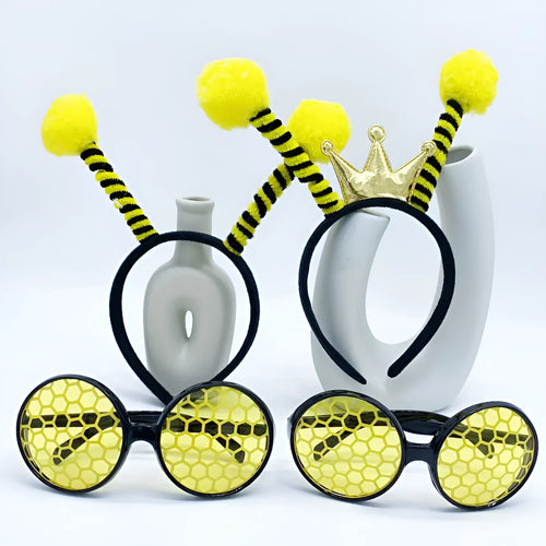 Bees party costume set with black and yellow striped headband and matching glasses