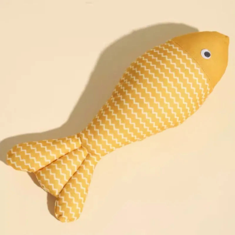 Catnip fish cat toy in yellow, red, or blue colour options for feline boredom relief