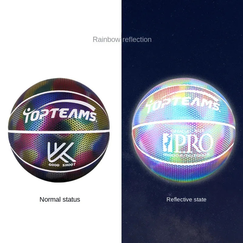 No. 7 size holographic luminous reflective basketball on a court, showing Chroma and White colour options.