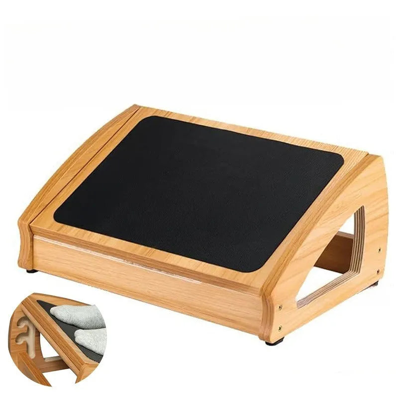 Wooden bamboo adjustable height office desk footstool in natural wood colour