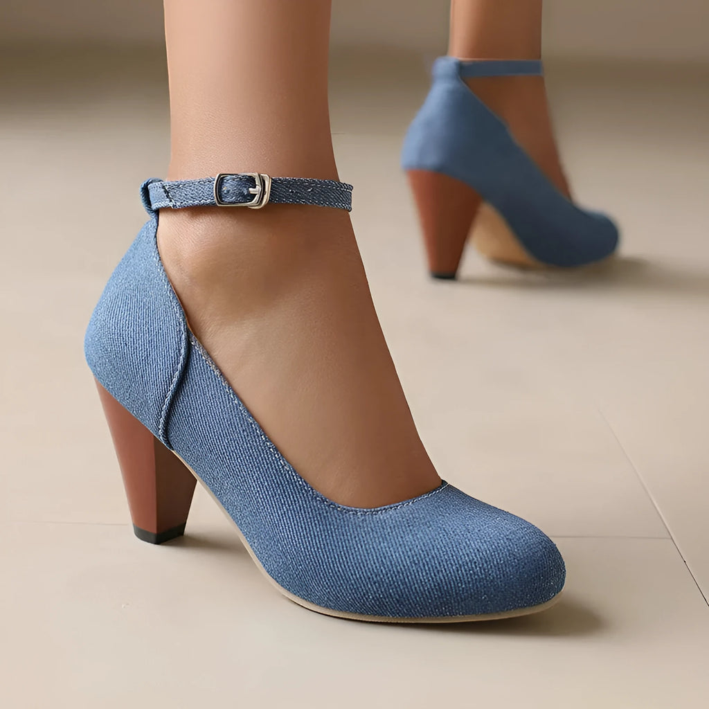 Women's blue denim platform heel boots with buckle fastening and waterproof construction
