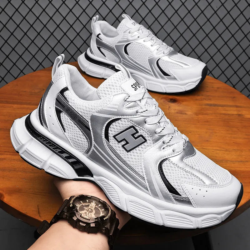 Men's mesh running shoes in three colour options showing round toe design and plastic sole construction