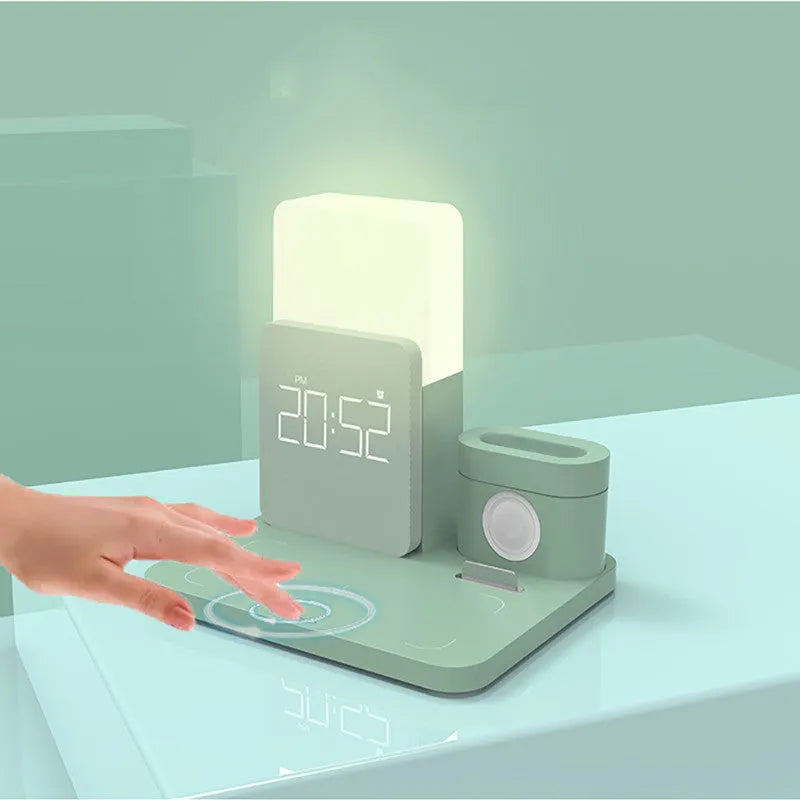 A dark green 3-in-1 wireless charging stand holding a phone, an Apple Watch, and a case for AirPods.