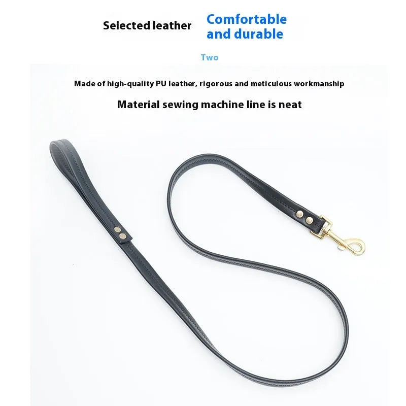Black PU leather pet traction belt showing length and clip for dog walking