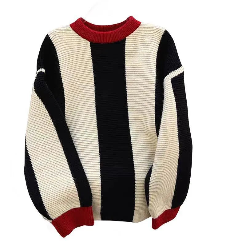 Women's striped cashmere pullover sweater with contrast colour round neck design