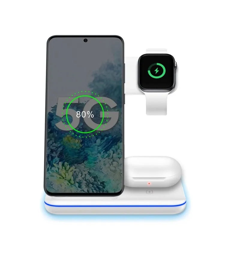 White three-in-one desktop wireless charging stand for mobile phone, watch, and headset.
