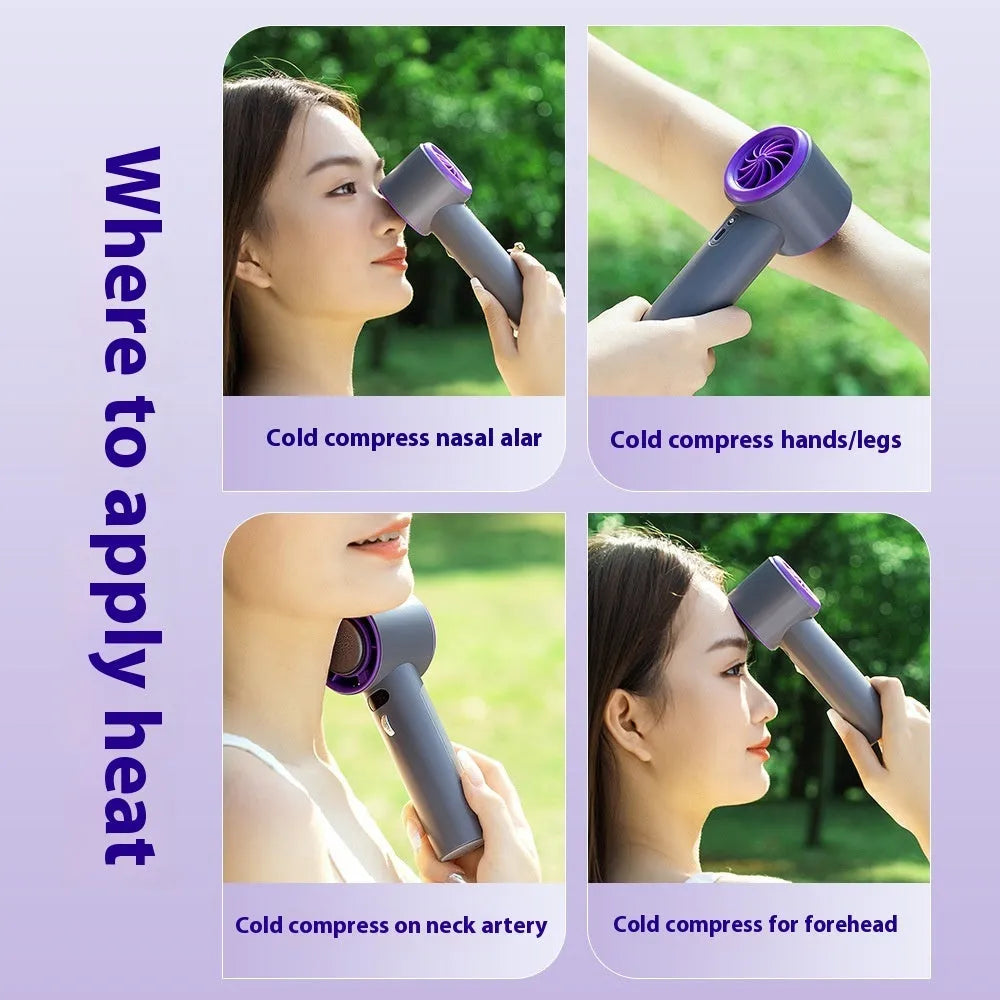 White portable handheld turbo fan with cooling function and display, shown on a table.