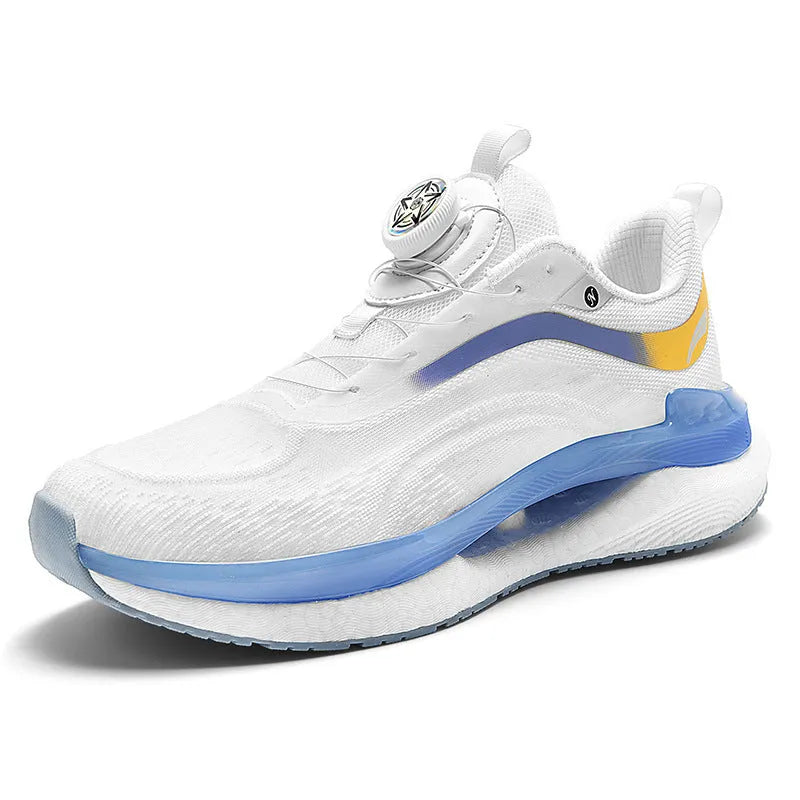 Men's high-top breathable mesh running sneaker in cotton candy colour with buckle closure.