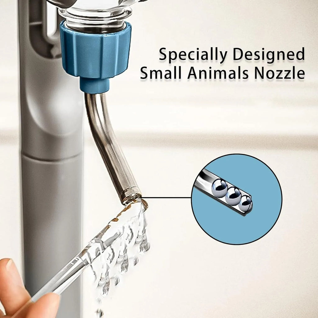 Blue small animal water bottle with rotatable nozzle shown mounted on a cage bar
