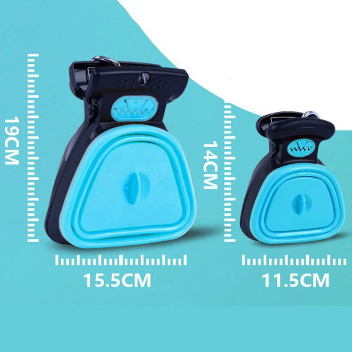 Blue portable dog pooper scooper with expandable container and carabiner clip.